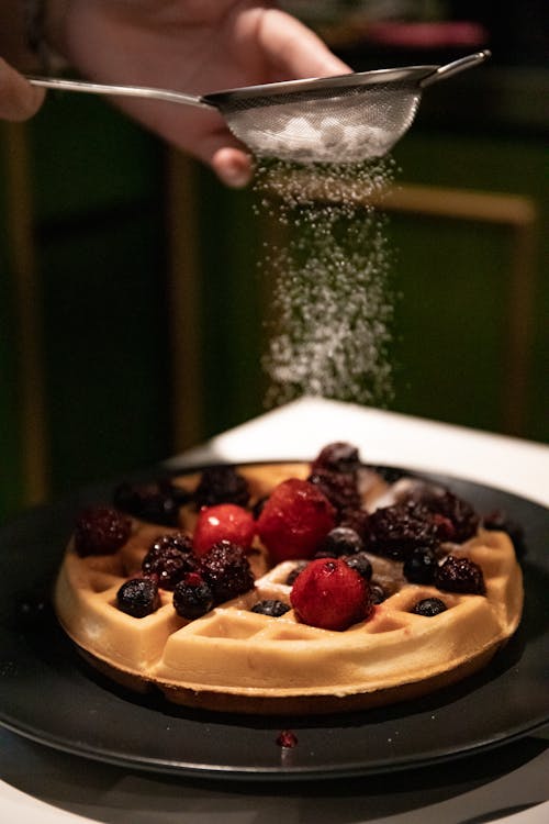 Waffle on Black Ceramic Plate