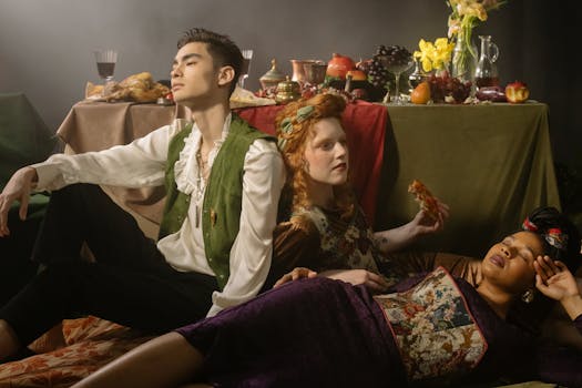 Artistic portrayal of three people in baroque-style clothing at a lavish banquet setting., Photographer: cottonbro studio