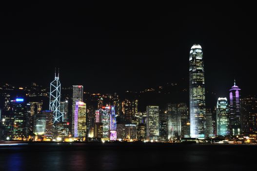 Stunning nighttime view of the illuminated Hong Kong skyline with skyscrapers and city lights reflecting on the harbor.