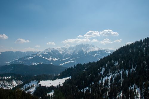 Free Breathtaking aerial panorama of snow-capped mountains and evergreen forests under clear blue sky. Stock Photo
