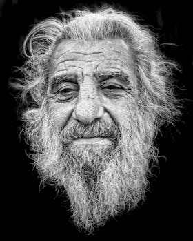 在黑色背景下，是一位留着浓密胡须、表情丰富的老年人黑白肖像