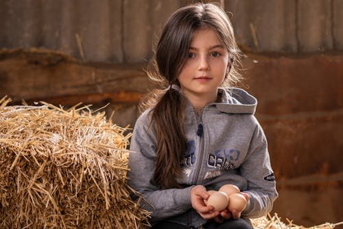 Free Girl Wearing Gray Hoodie Sitting on Hay Stock Photo