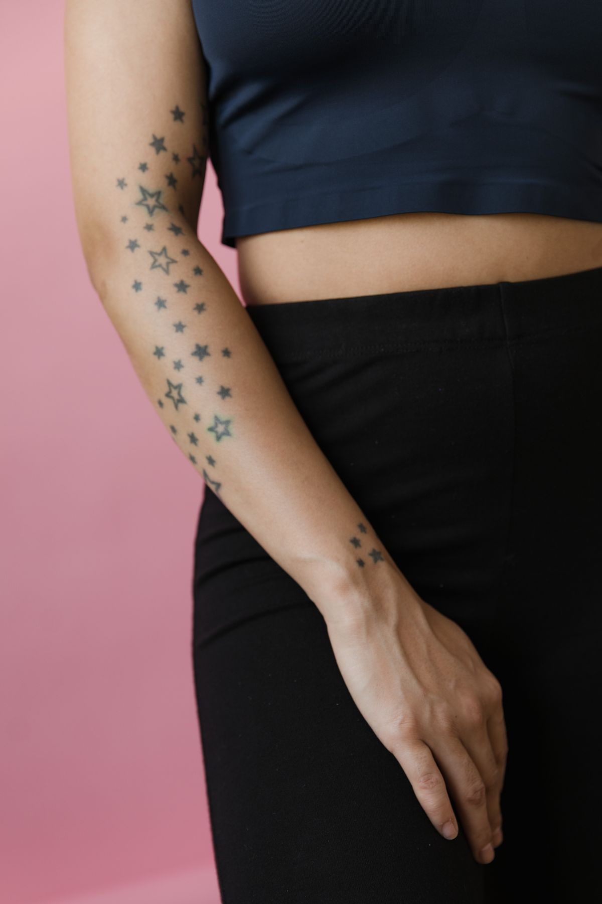 A close view of blackwork on a forearm
