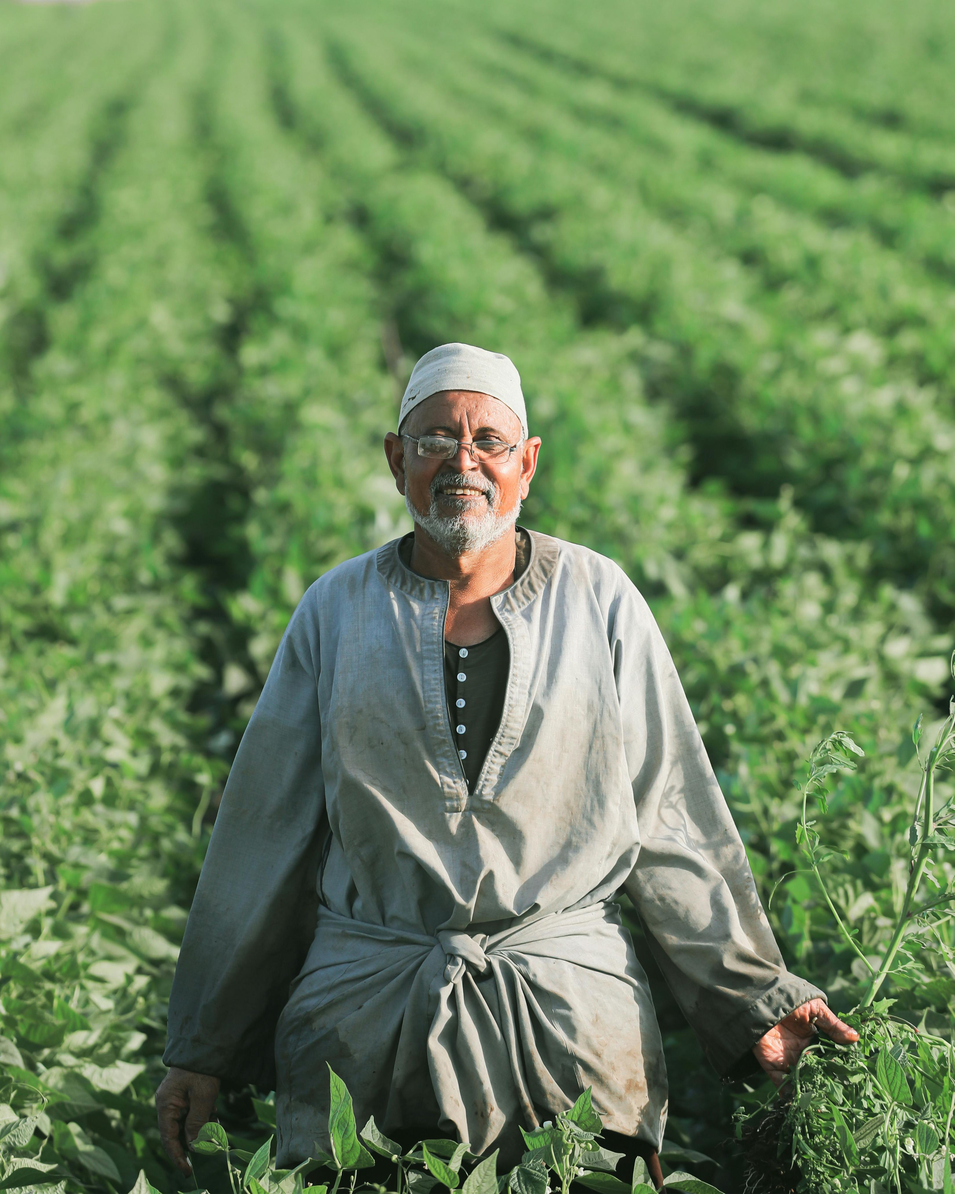 Portrait of a senior farmer smiling in a vibrant green field with eyeglasses and a kufi, symbolizing traditional agriculture.