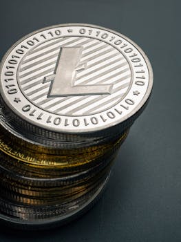 Close-up photo of stacked Litecoin cryptocurrency coins showcasing the digital currency's design.