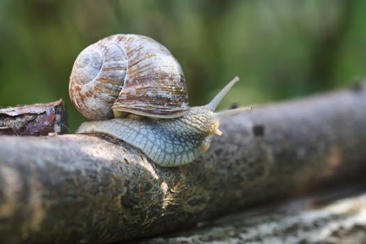 A detailed shot of a brown snail exploring a log in its natural habitat, emphasizing texture and light.