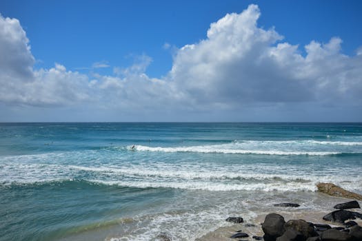 Breathtaking view of waves and clouds at Gold Coast, Australia.