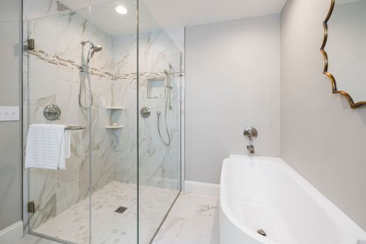 Sleek bathroom featuring a glass shower and freestanding bathtub, ideal for contemporary home decor.