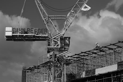 Black and white image of a construction site with a tower crane and a worker, showcasing urban development.