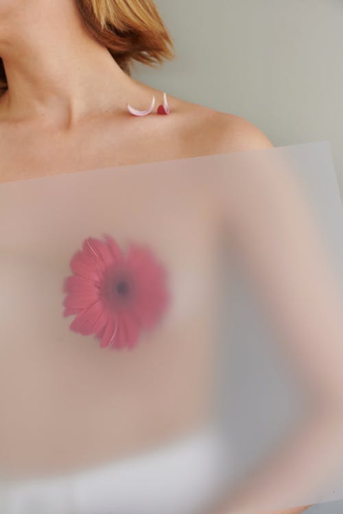 Topless Woman Behind Frosted Glass with Flower on her Breast 