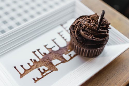 無料 長方形の白いセラミックプレート上のチョコレートカップケーキ 写真素材