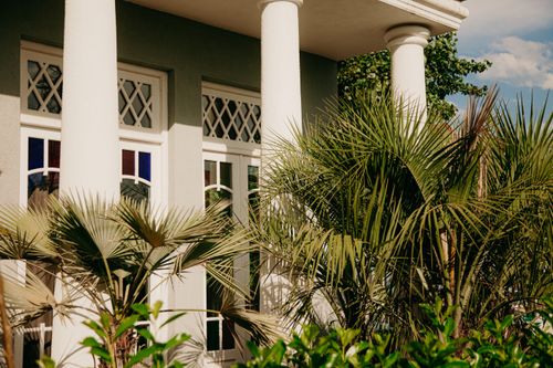 Free A stylish house exterior featuring classic columns and lush palm trees, capturing a warm atmosphere. Stock Photo