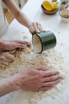 Hands mixing dough with milk on a white surface, capturing the essence of baking.
