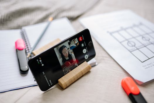 A smartphone on a stand shows a virtual guitar lesson with sheets and highlighters nearby, illustrating online learning.