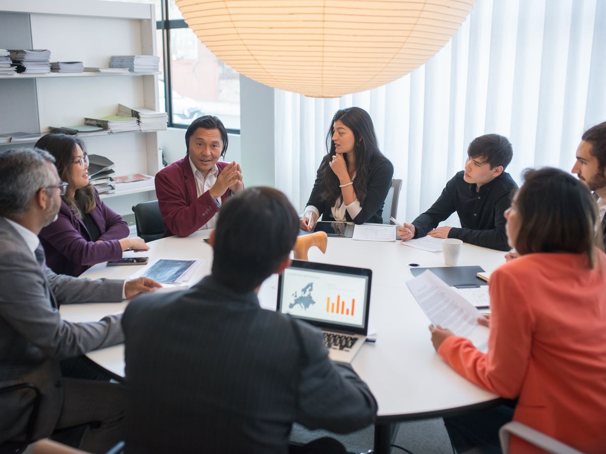 A diverse group of professionals meeting around a round conference table
