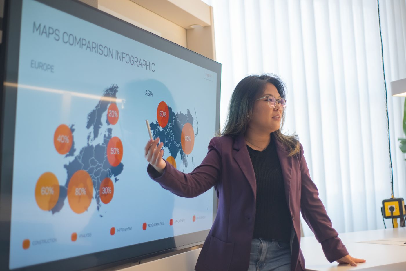 Businesswoman in a purple blazer presenting in the office
