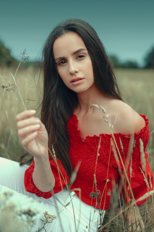 Curly Woman in the Grass Field Posing · Free Stock Photo