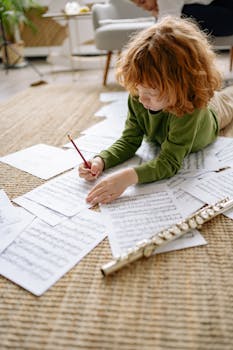 Young child with curly hair writing music notes while lying on a rug with a flute nearby.
