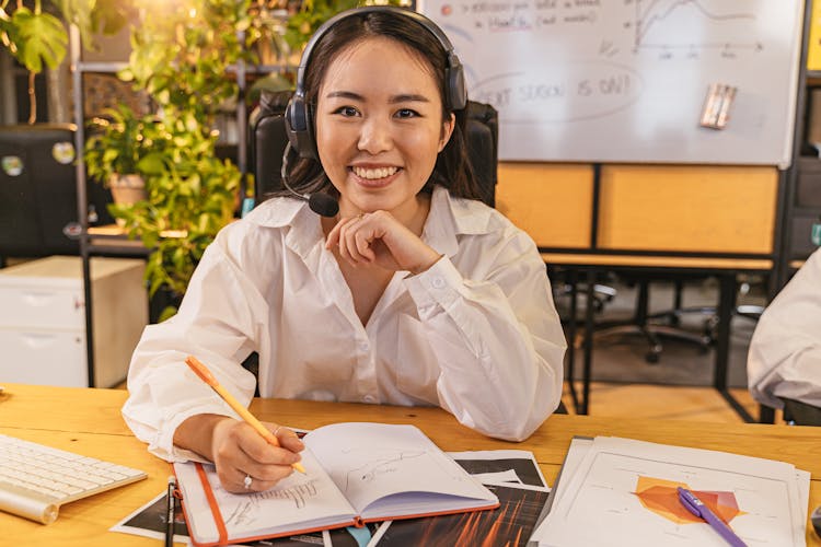 Portrait Of A Woman Wearing A Headset With A Microphone In An Office