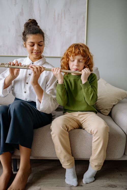 Free A young boy practices flute with guidance from a teacher in a cozy home setting. Stock Photo