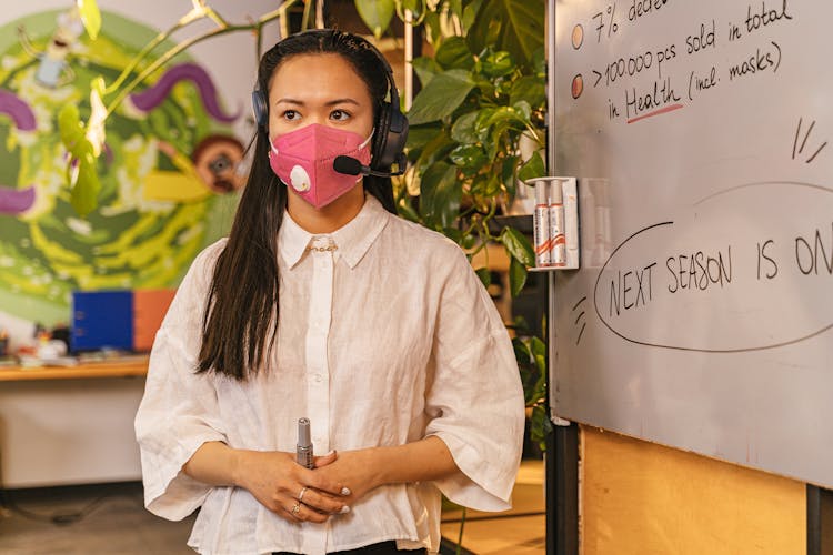 Woman In Face Mask And Headset On Teaching Class