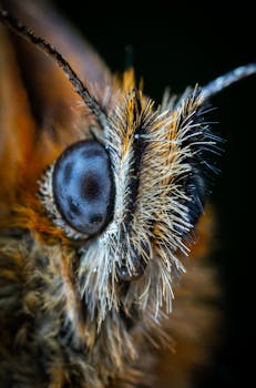 Detailed macro shot of a butterfly's eye showing intricate textures and colors.