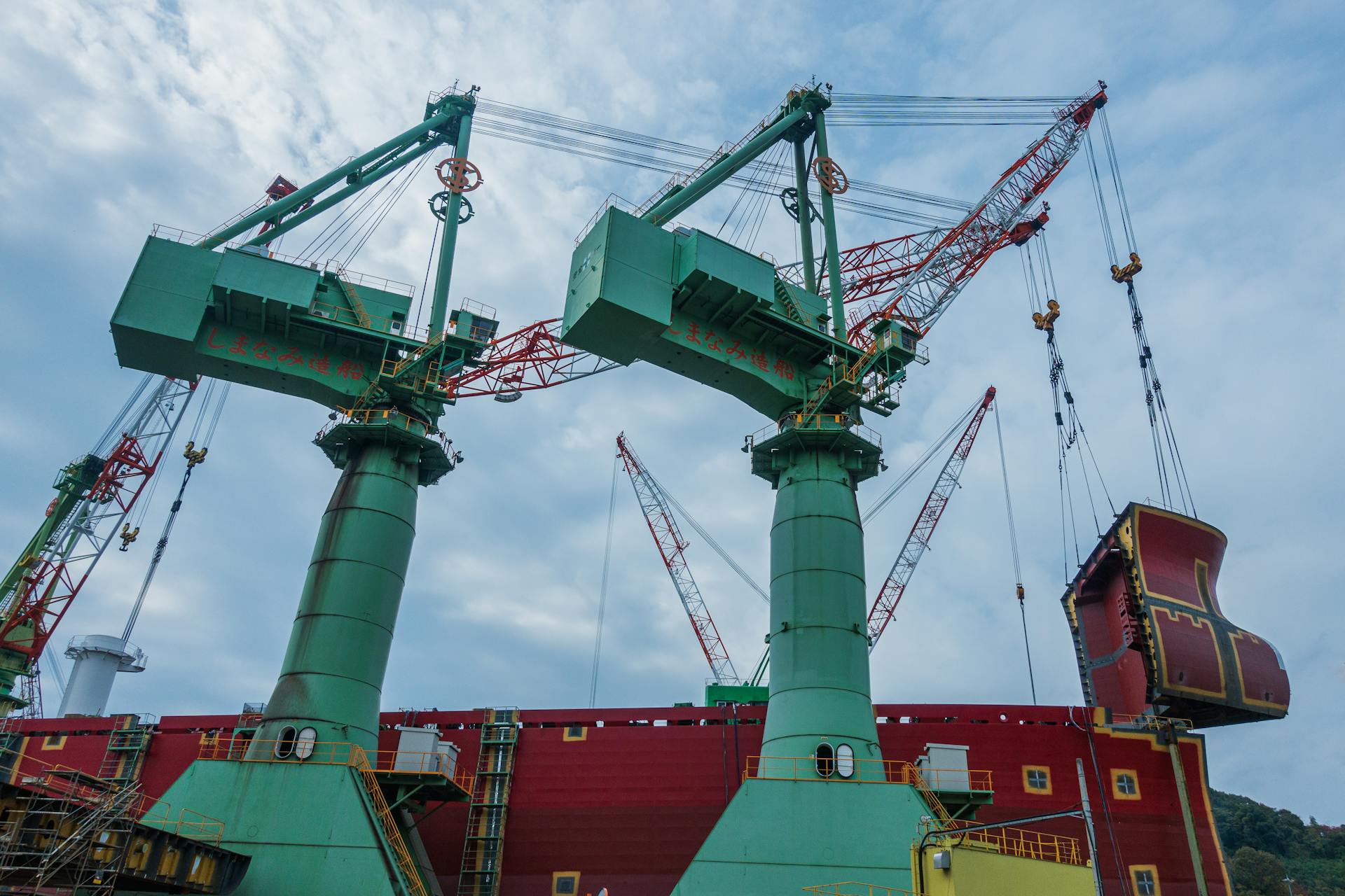 View of large cranes in an Onomichi shipyard, Hiroshima, Japan.