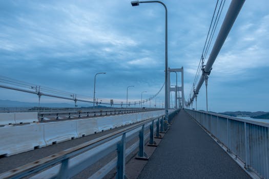 Scenic view of a suspension bridge in Onomichi, Japan under cloudy skies.