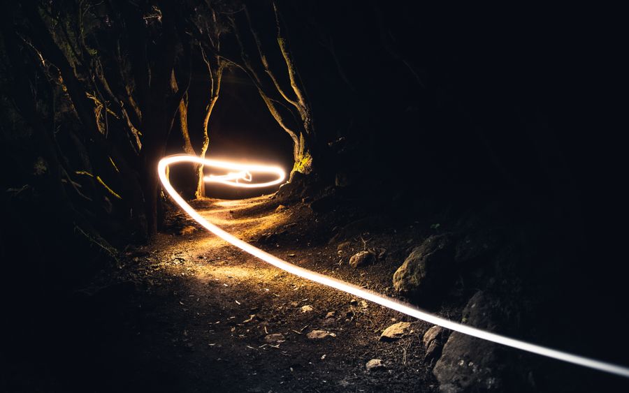 Light streak tracing a path through a dark forest — photo by Marek Piwnicki on Pexels
