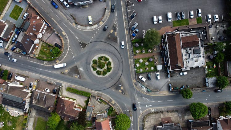 Drone Shot Of A Roundabout In City 