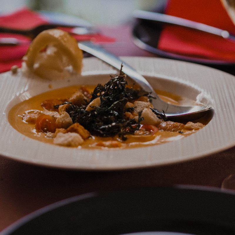 Spanish Garlic Soup with Crispy Bread and Noodles