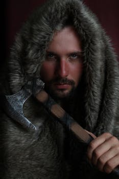 A dramatic portrait of a man in a fur cloak holding an axe, exuding a Viking warrior aura.