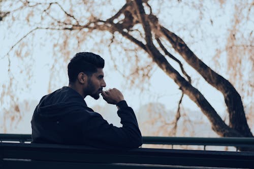 Free Man in Black Hoodie Sitting on Bench Near Green Trees Stock Photo