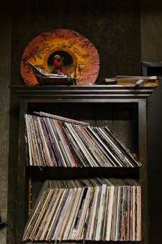 A vintage collection of vinyl records neatly arranged on wooden shelves, perfect for music enthusiasts.