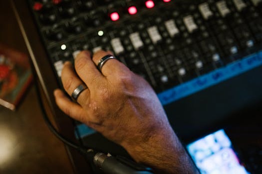 A detailed view of a hand adjusting controls on a professional audio mixing console.