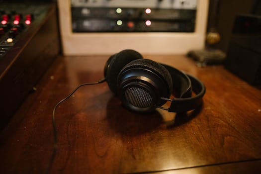 Black headphones resting on wooden desk with studio equipment in background.