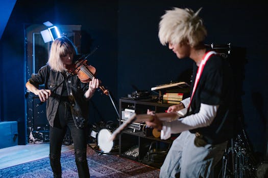A band practicing energetically with violin and electric guitar under studio lights.