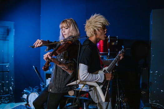 A band performing in a studio with electric guitar and violin, showcasing vibrant musical energy.