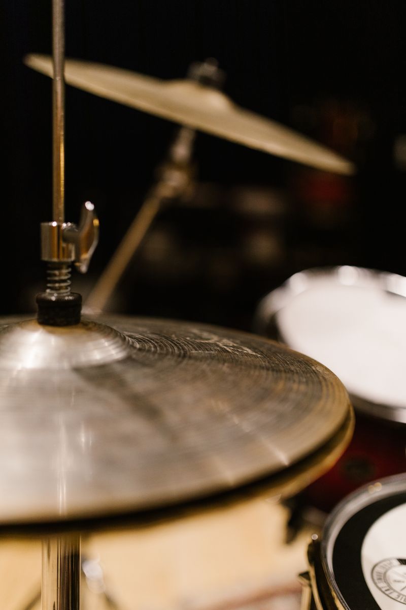 Close-up of cymbals on a drum kit