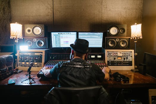 Man working on music production in a modern studio with equipment, monitors, and sound mixer.