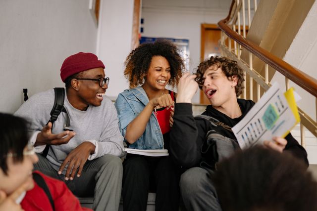 Students laughing together on a stairwell while revising — photo by Yan Krukau on Pexels