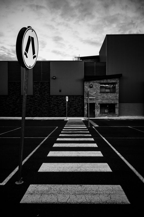 Free Dramatic black and white urban scene featuring a symmetrical zebra crossing and signs. Stock Photo