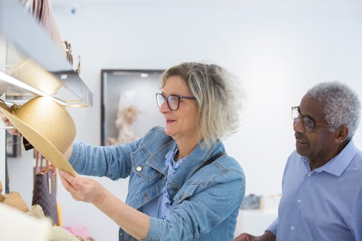 Elderly couple shopping for hats in a Portuguese store, enjoying a leisure day out.