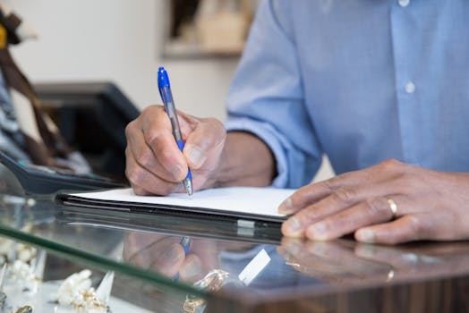 A person writing in a notebook at a glass counter, capturing business and office themes.