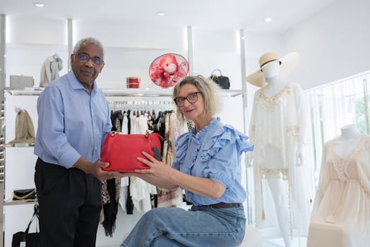 Mature shoppers browse clothes and handbags in a Portuguese boutique.