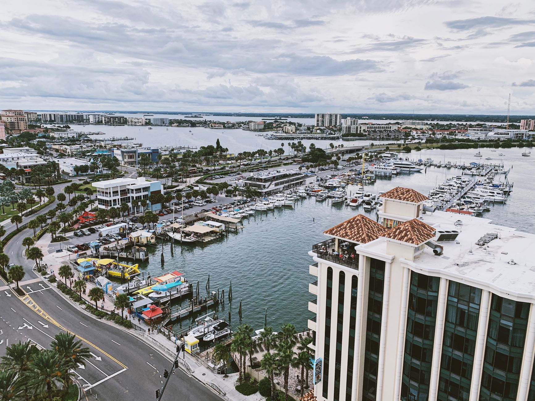 Panoramic aerial view of Clearwater Marina, showcasing the vibrant cityscape and coastline.