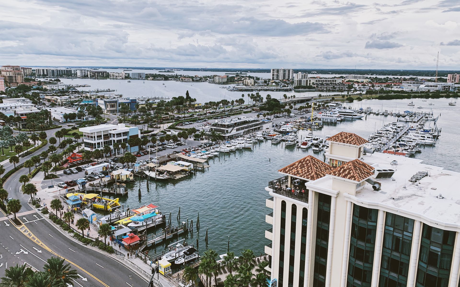 Panoramic aerial view of Clearwater Marina, showcasing the vibrant cityscape and coastline.