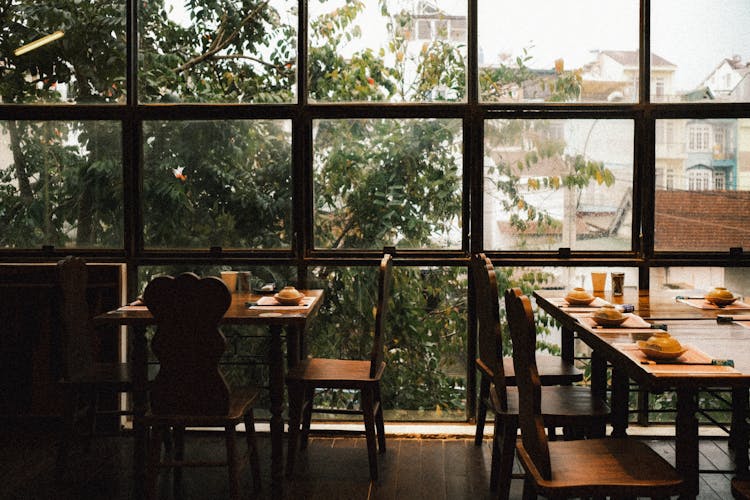 Interior Of A Restaurant With A View Of The City 