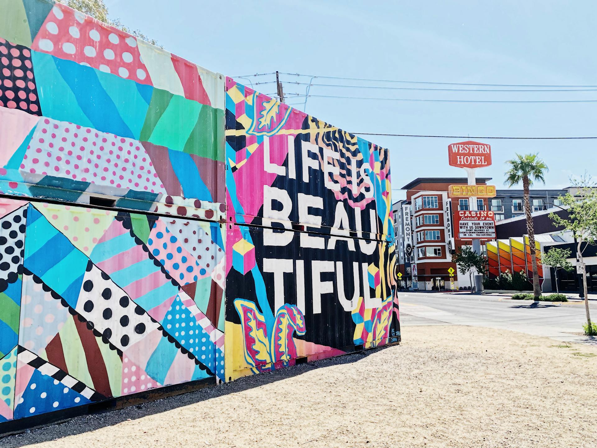 Vibrant street art mural in Las Vegas near the iconic Western Hotel.