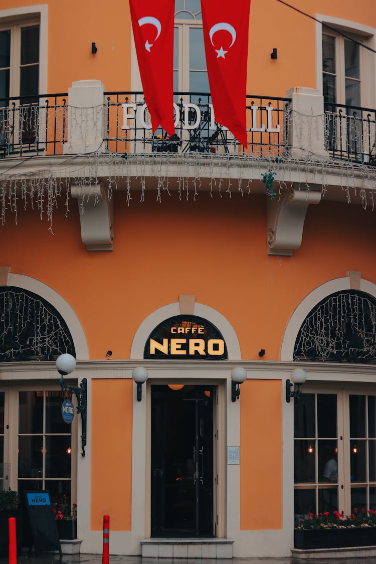 Flags Of Turkey Hanging Outside Cafe Nero